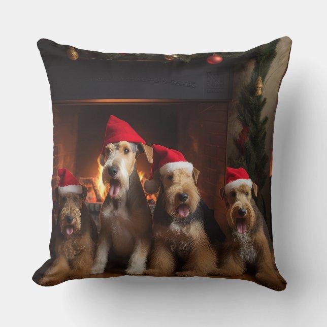 Airedale by the Fireplace Christmas  Throw Pillow (Front)