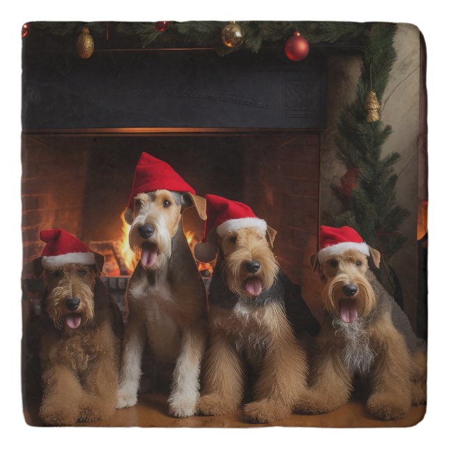 Airedale by the Fireplace Christmas  Trivet (Front)