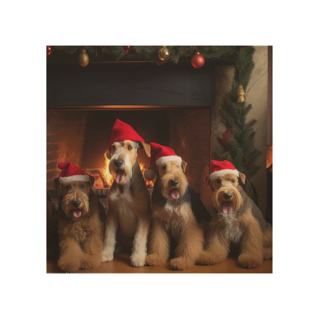 Airedale by the Fireplace Christmas  Wood Wall Art (Front)