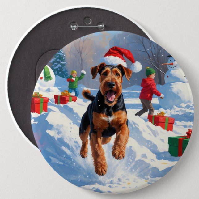 Airedale Christmas Festive Snow Scene Button (Front & Back)