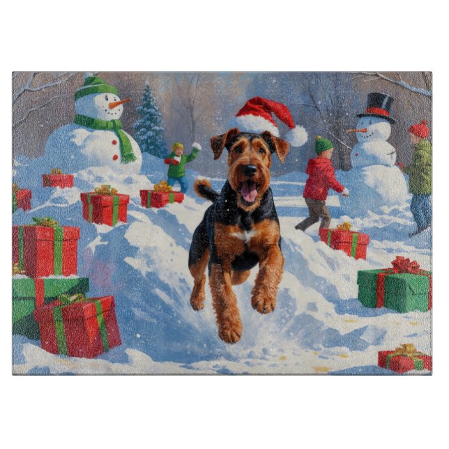 Airedale Christmas Festive Snow Scene Cutting Board (Front)