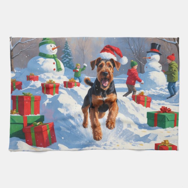 Airedale Christmas Festive Snow Scene Kitchen Towel (Horizontal)