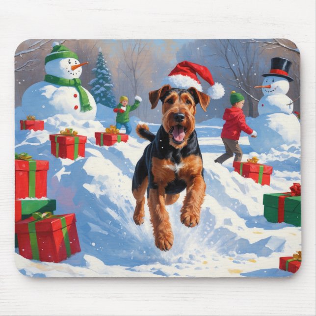 Airedale Christmas Festive Snow Scene Mouse Pad (Front)