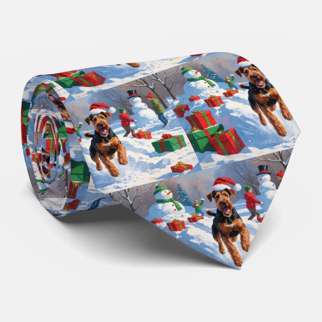 Airedale Christmas Festive Snow Scene Neck Tie (Rolled)