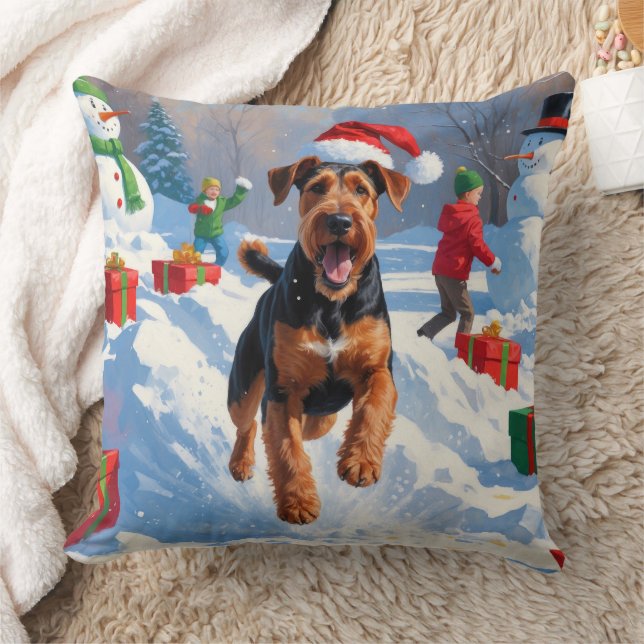 Airedale Christmas Festive Snow Scene Throw Pillow (Blanket)