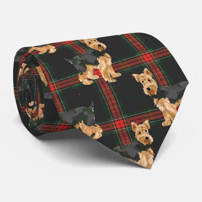 Airedale Christmas Plaid Pattern Red Green Neck Tie (Rolled)