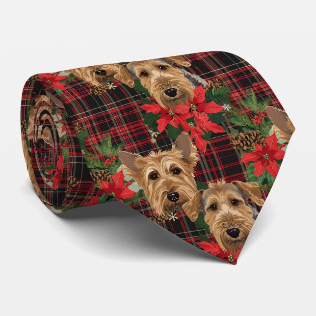 Airedale Christmas Plaid Pattern Red Green Neck Tie (Rolled)
