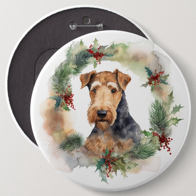 Airedale Christmas Wreath Festive Pup  Button (Front & Back)