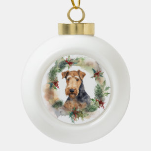 Airedale Christmas Wreath Festive Pup Ceramic Ball Christmas Ornament