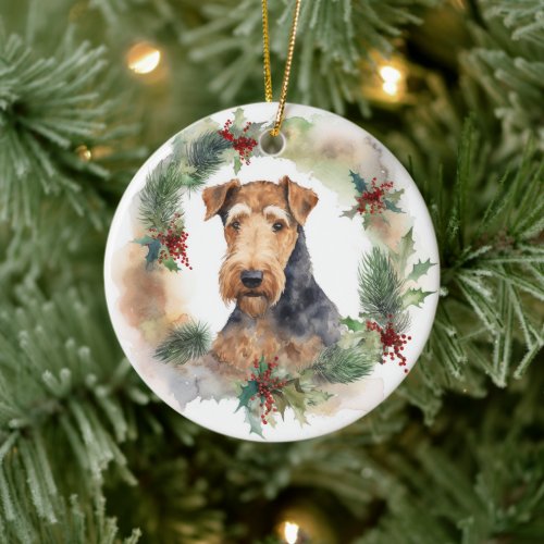 Airedale Christmas Wreath Festive Pup  Ceramic Ornament