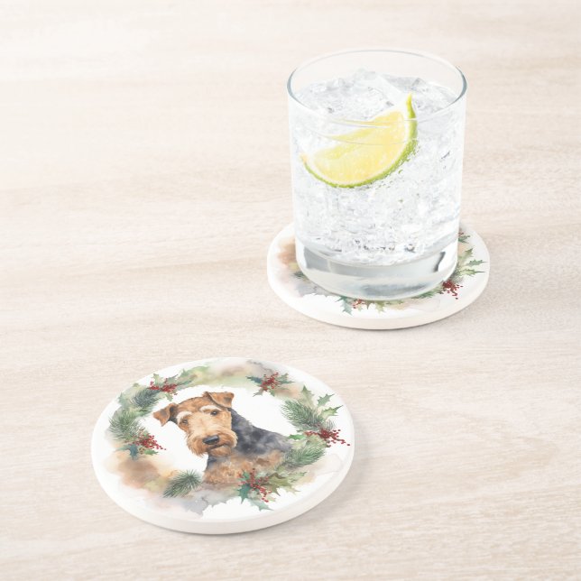 Airedale Christmas Wreath Festive Pup  Coaster (Side)