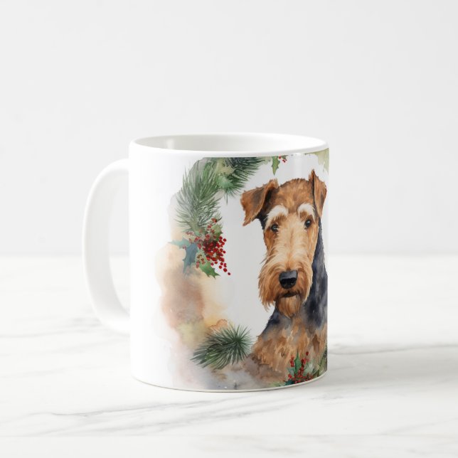 Airedale Christmas Wreath Festive Pup  Coffee Mug (Front Left)