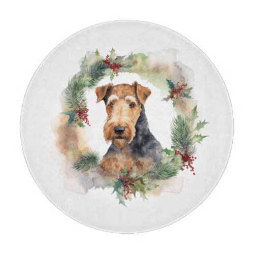 Airedale Christmas Wreath Festive Pup  Cutting Board
