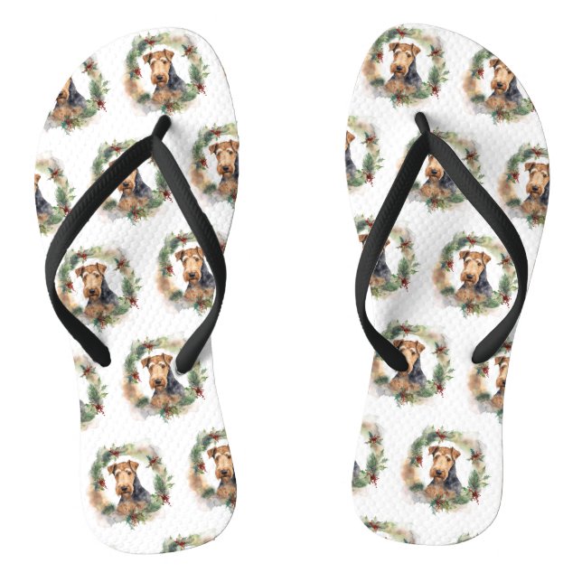 Airedale Christmas Wreath Festive Pup  Flip Flops (Footbed)