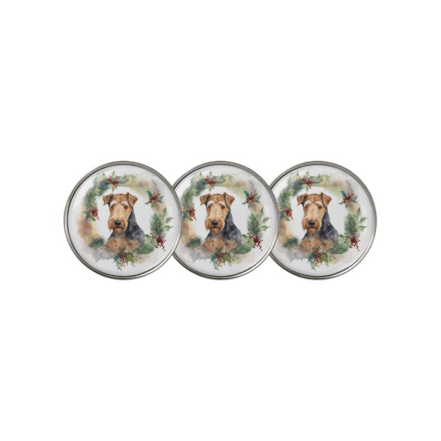 Airedale Christmas Wreath Festive Pup  Golf Ball Marker (3 Up)