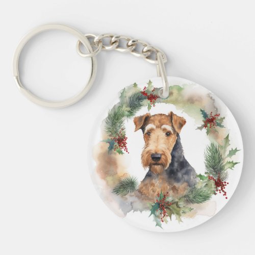 Airedale Christmas Wreath Festive Pup  Keychain