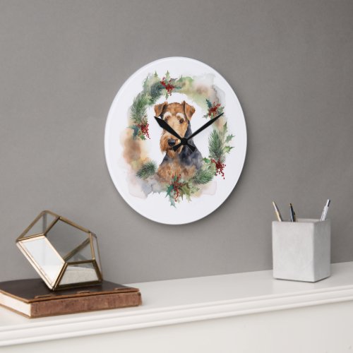 Airedale Christmas Wreath Festive Pup  Large Clock