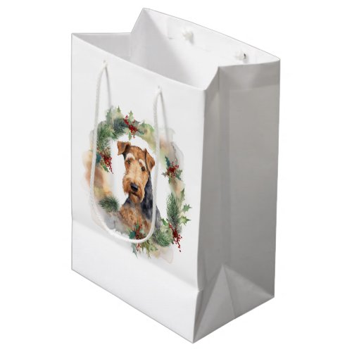 Airedale Christmas Wreath Festive Pup  Medium Gift Bag