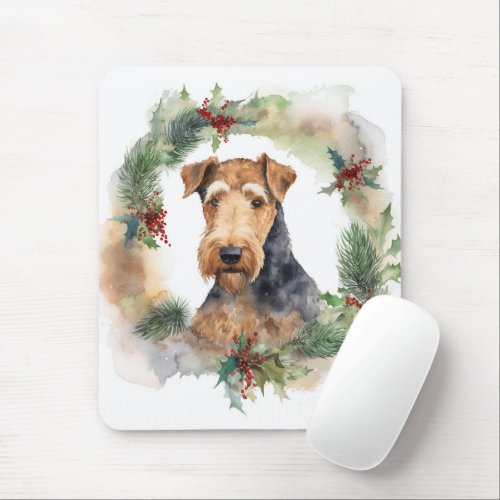 Airedale Christmas Wreath Festive Pup  Mouse Pad