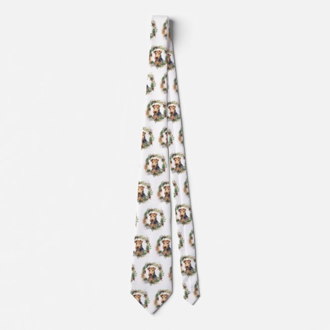 Airedale Christmas Wreath Festive Pup  Neck Tie (Front)