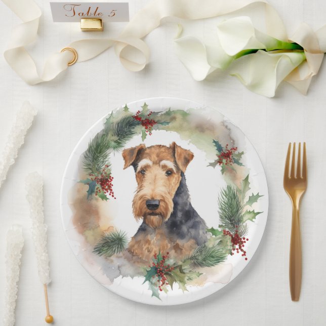 Airedale Christmas Wreath Festive Pup  Paper Plates (Wedding)