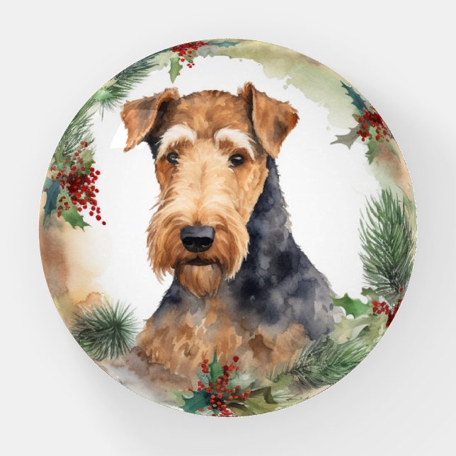 Airedale Christmas Wreath Festive Pup  Paperweight (Front)