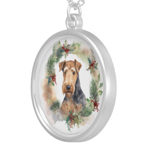 Airedale Christmas Wreath Festive Pup  Silver Plated Necklace