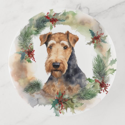 Airedale Christmas Wreath Festive Pup  Trinket Tray