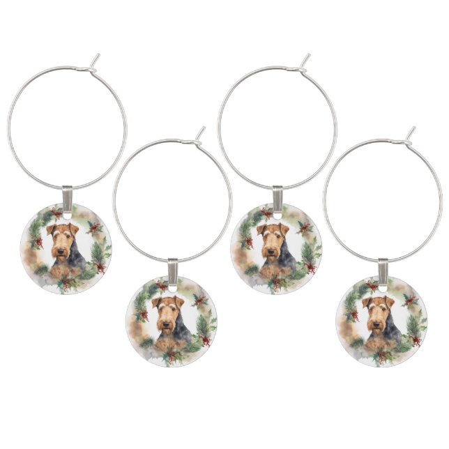 Airedale Christmas Wreath Festive Pup  Wine Charm (Staggered)
