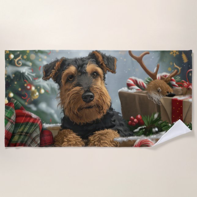 Airedale Dog Christmas Festive  Beach Towel (Front)