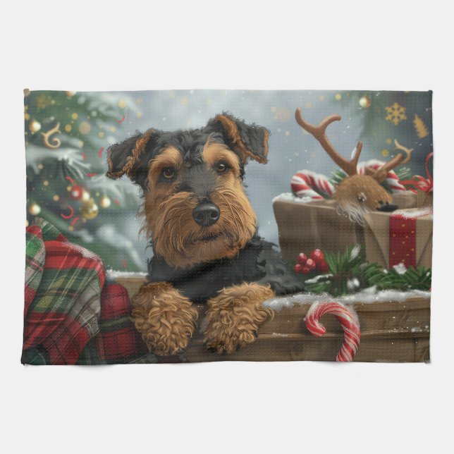Airedale Dog Christmas Festive  Kitchen Towel (Horizontal)