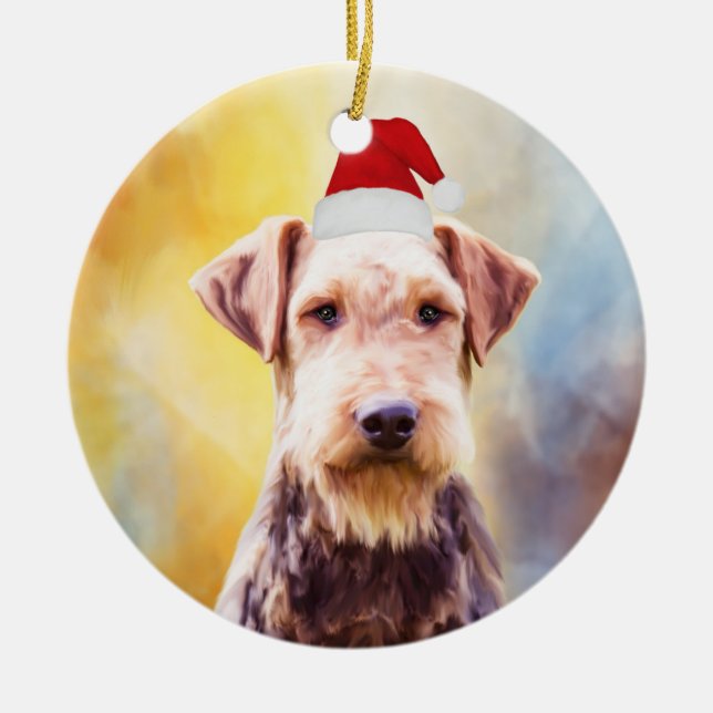 Airedale Dog Christmas Santa Hat Art Portrait Ceramic Ornament (Front)
