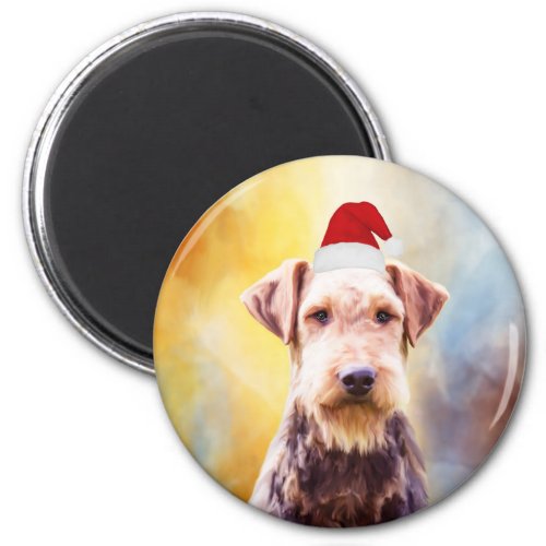 Airedale Dog Christmas Santa Hat Art Portrait Magnet