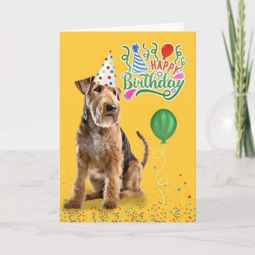 Airedale Dog in Party Hat on Yellow Birthday Card