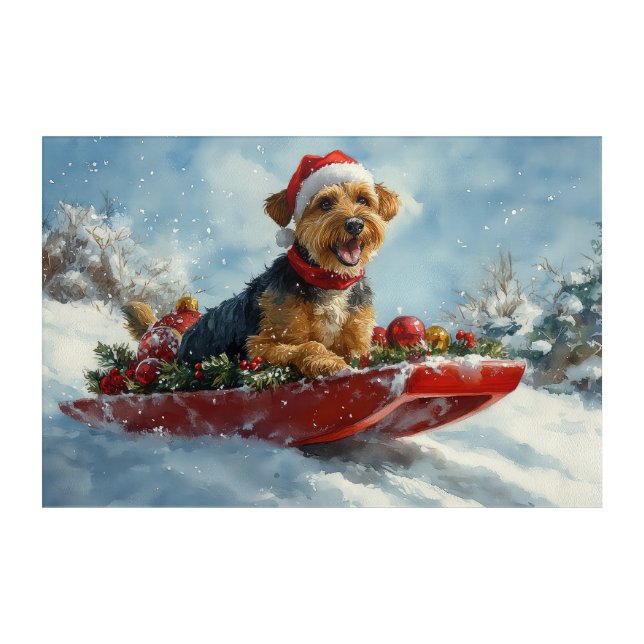 Airedale Dog in Sledge Let it Snow Christmas Acrylic Print (Front)