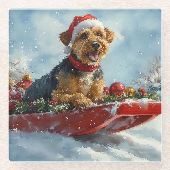 Airedale Dog in Sledge Let it Snow Christmas Glass Coaster (Front)