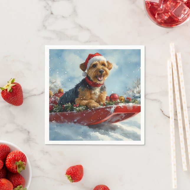 Airedale Dog in Sledge Let it Snow Christmas Napkins (Insitu)