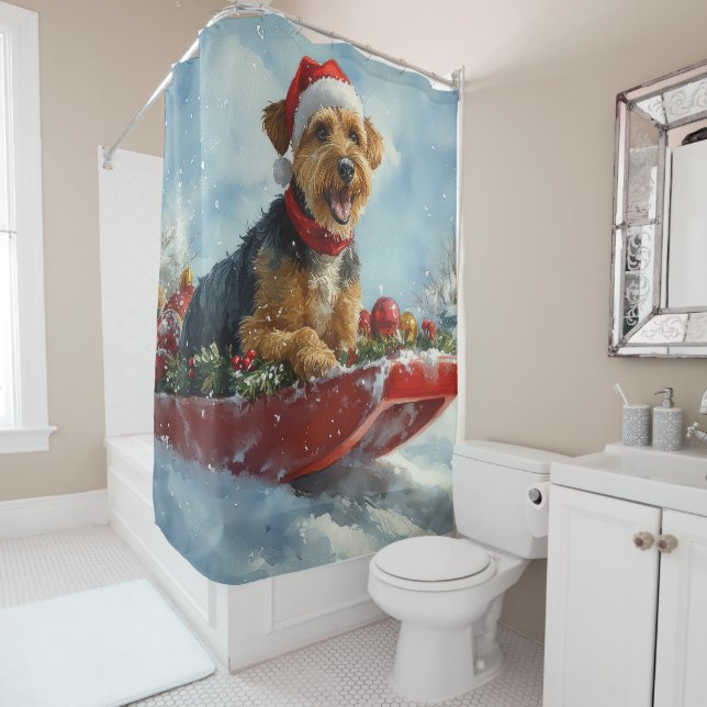 Airedale Dog in Sledge Let it Snow Christmas Shower Curtain (In Situ)