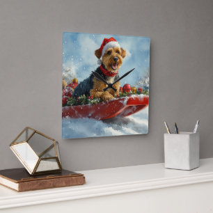 Airedale Dog in Sledge Let it Snow Christmas Square Wall Clock