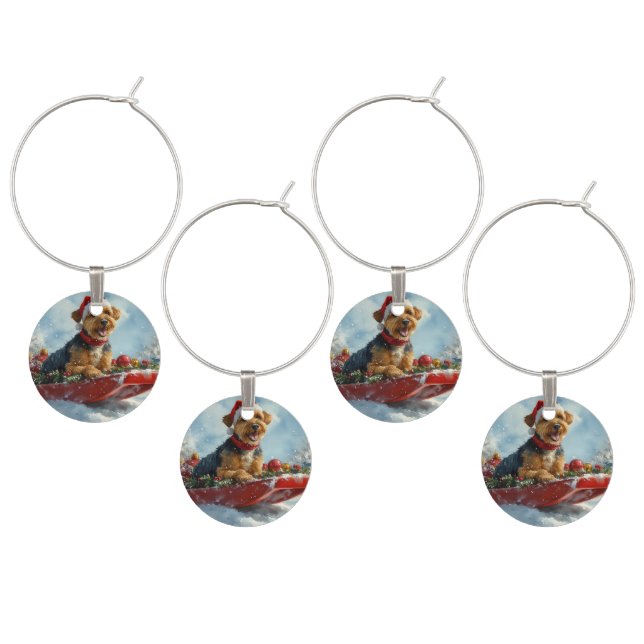 Airedale Dog in Sledge Let it Snow Christmas Wine Charm (Staggered)