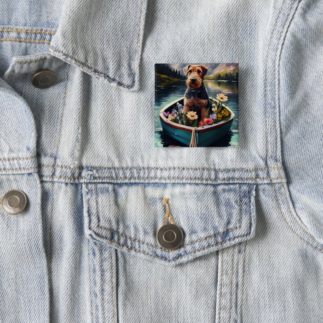 Airedale Dog on a Paddle: A Scenic Adventure Button (In Situ)