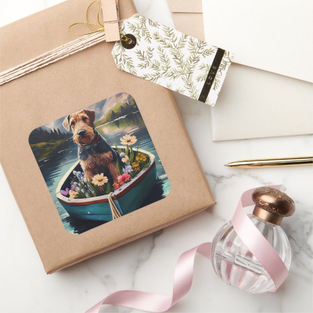 Airedale Dog on a Paddle: A Scenic Adventure Square Sticker (Gifting)