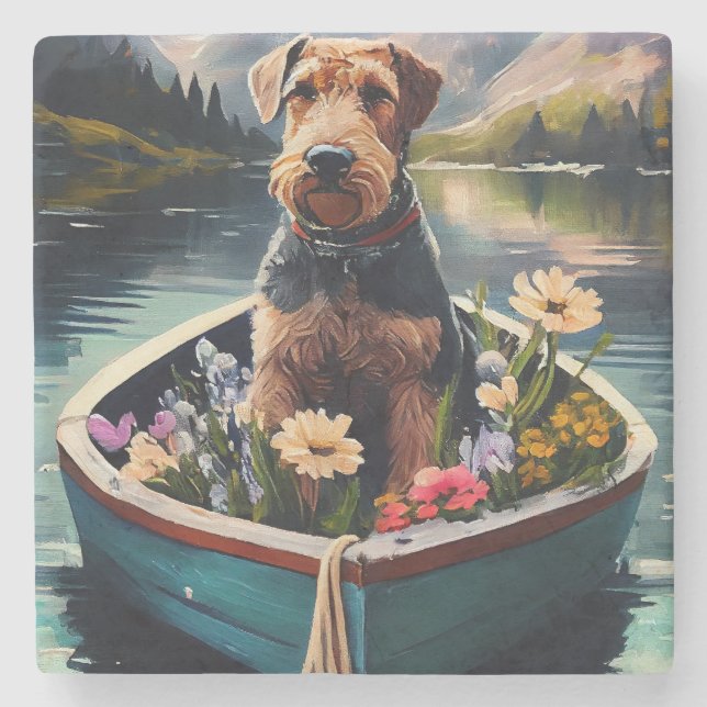 Airedale Dog on a Paddle: A Scenic Adventure Stone Coaster (Front)