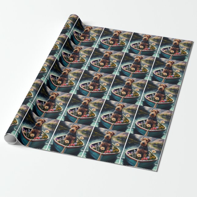 Airedale Dog on a Paddle: A Scenic Adventure Wrapping Paper (Unrolled)