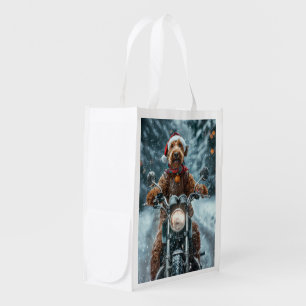 Airedale Dog Riding Motorcycle Christmas Grocery Bag