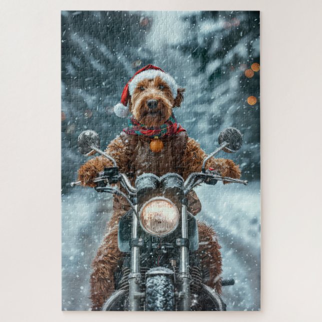 Airedale Dog Riding Motorcycle Christmas Jigsaw Puzzle (Vertical)