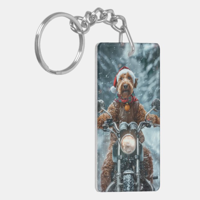 Airedale Dog Riding Motorcycle Christmas Keychain (Front Left)