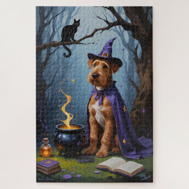 Airedale Dog Whimsical Halloween Painting Jigsaw Puzzle (Vertical)
