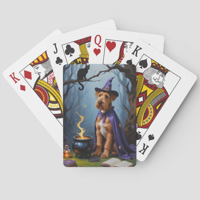 Airedale Dog Whimsical Halloween Painting Poker Cards (Back)