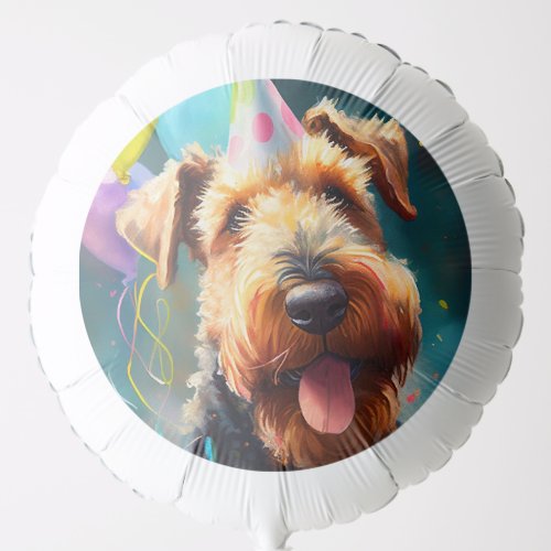 Airedale dog with birthday hat and balloons